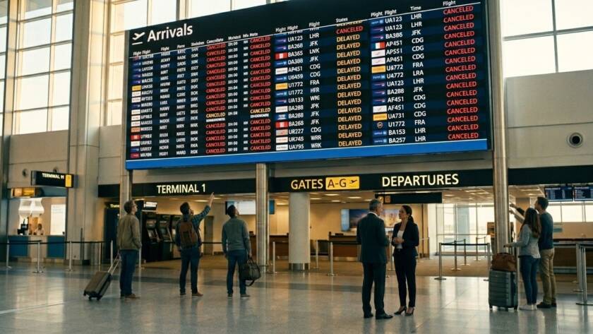 Airport Terminal 1 departures board showing numerous flights marked as canceled or delayed, with travelers looking up at the display