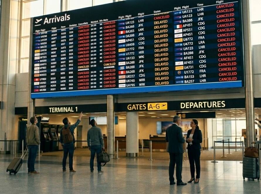 Airport Terminal 1 departures board showing numerous flights marked as canceled or delayed, with travelers looking up at the display