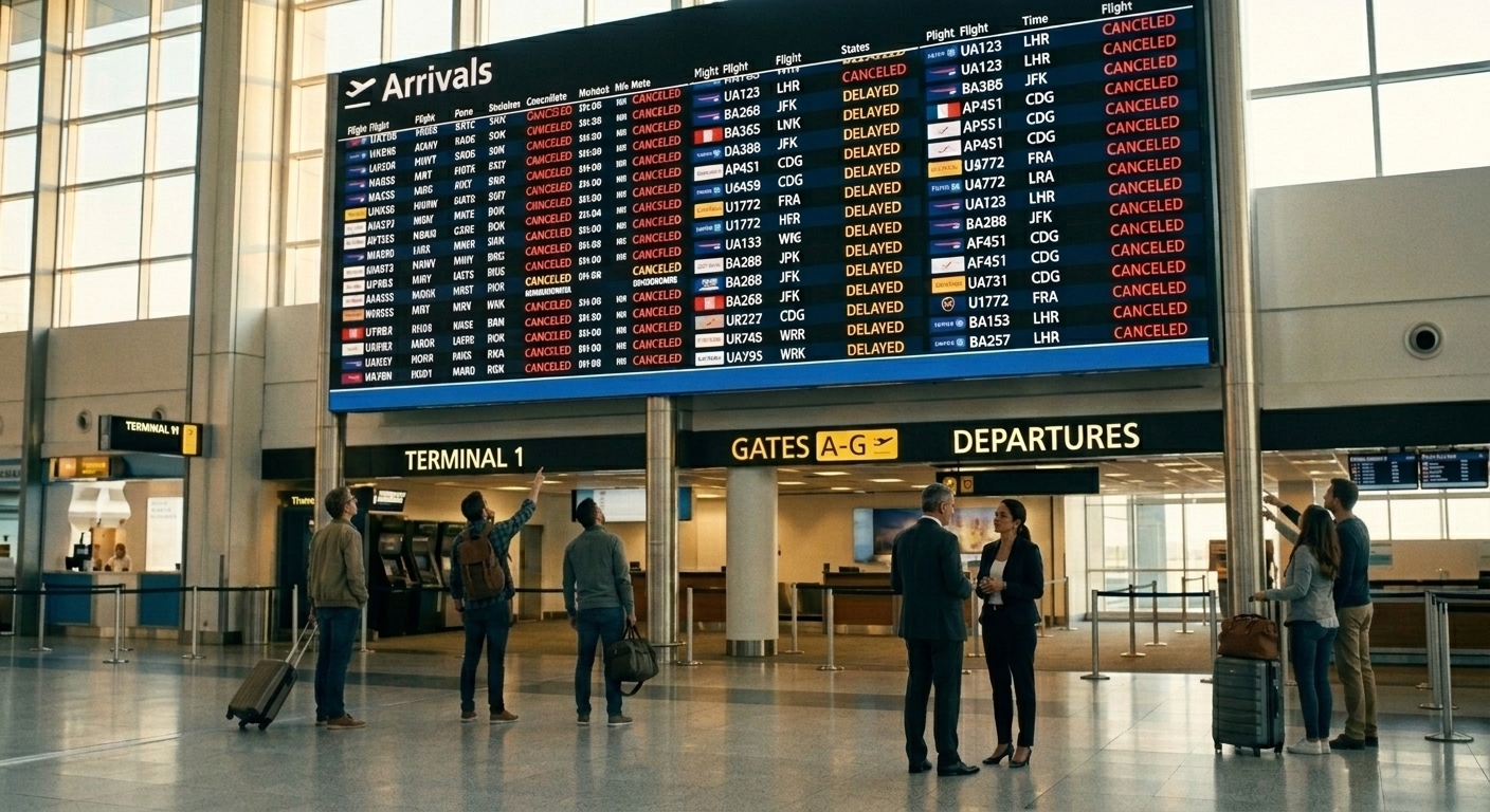 Airport Terminal 1 departures board showing numerous flights marked as canceled or delayed, with travelers looking up at the display
