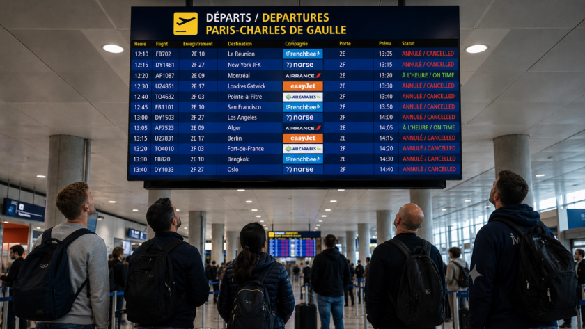 Travelers at Paris Charles de Gaulle Airport looking at a departures board of canceled flights.