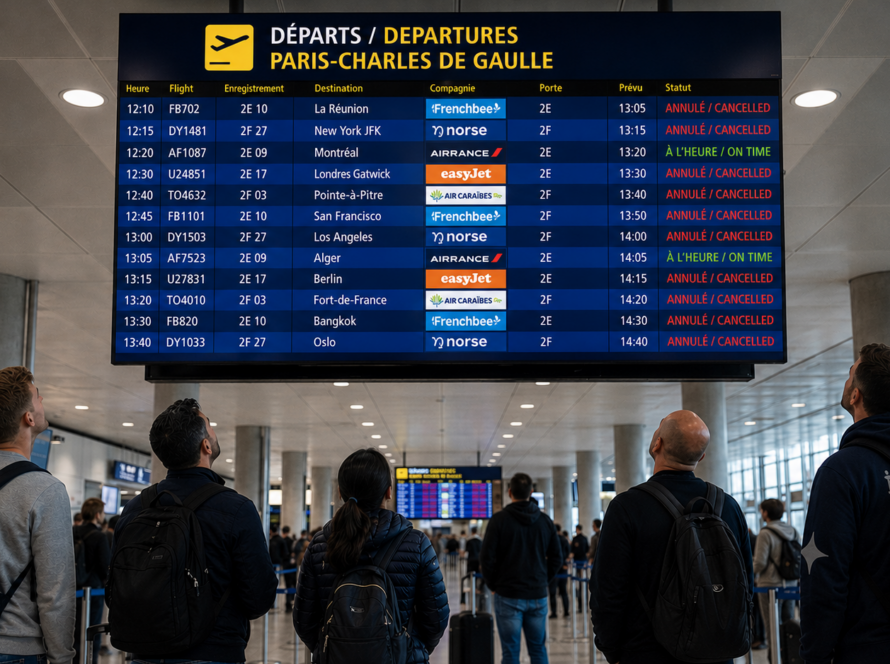Travelers at Paris Charles de Gaulle Airport looking at a departures board of canceled flights.