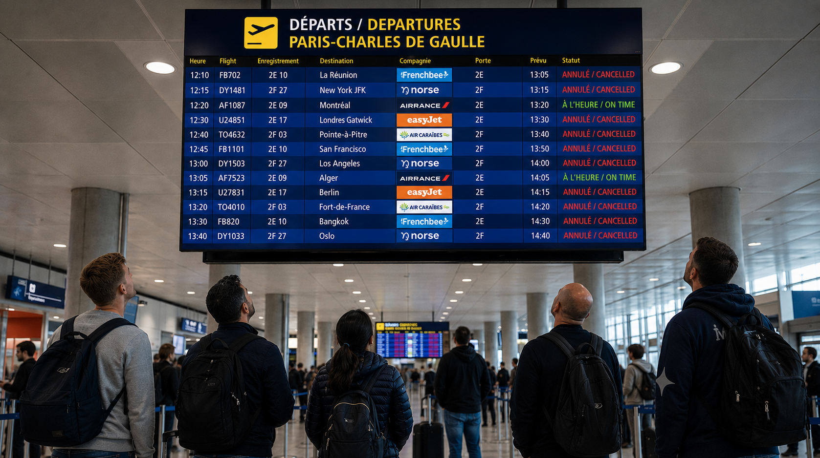 Travelers at Paris Charles de Gaulle Airport looking at a departures board of canceled flights.