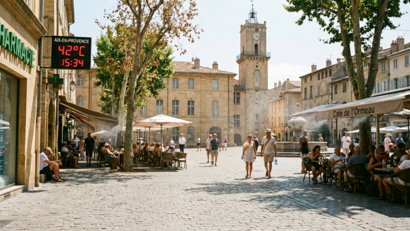 Pharmacy temperature sign showing 42°C during a summer heatwave in Aix-en-Provence, France